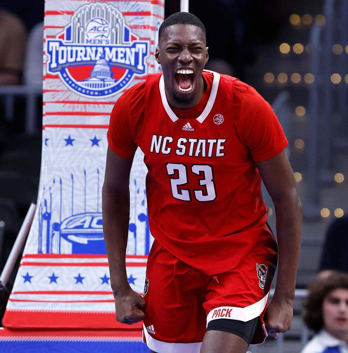 N.C. State’s Mohamed Diarra (23) celebrates after slamming in two during the first half of N.C. State’s game against Duke in the quarterfinal round of the 2024 ACC Men’s Basketball Tournament at Capital One Arena in Washington, D.C., Thursday, March 14, 2024.