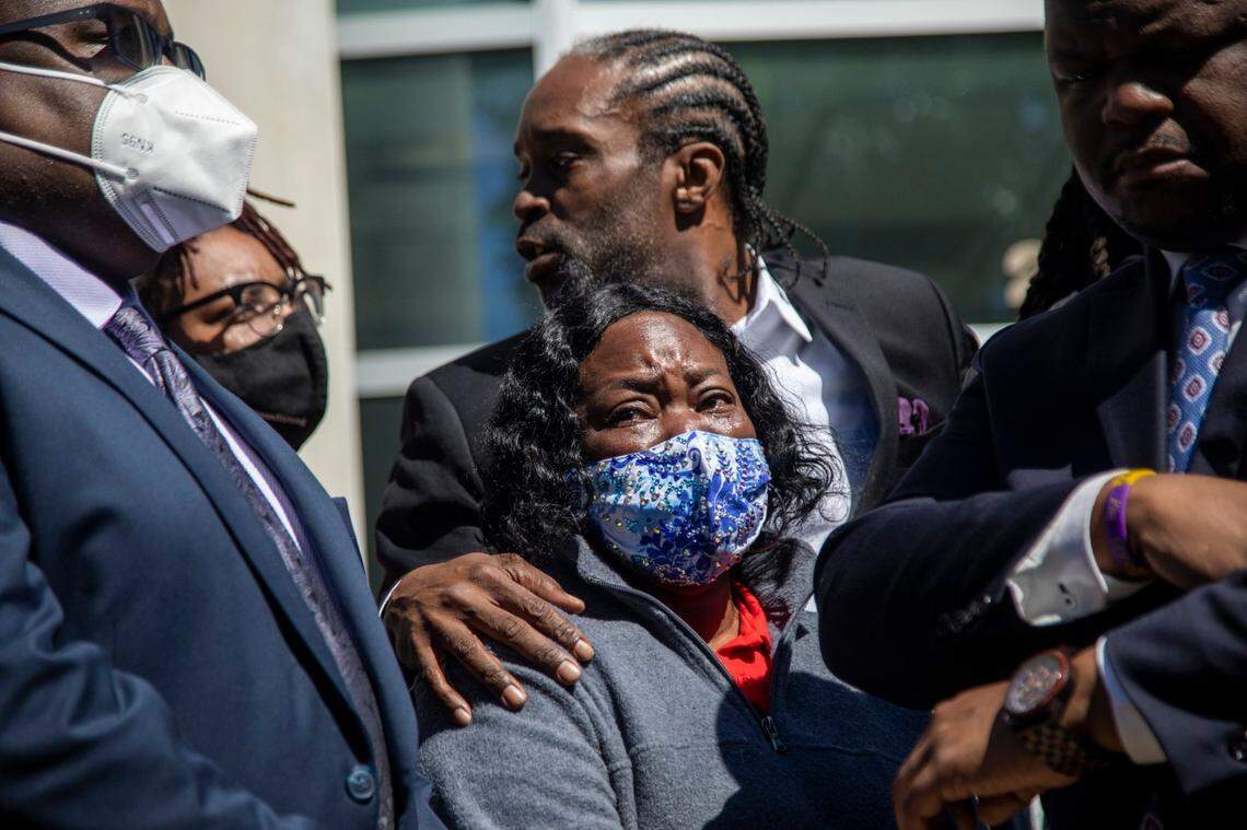 Family members of Andrew Brown Jr. emerge from the Pasquotank County Public Safety building in Elizabeth City on Monday April 26, 2021 after viewing 20 seconds of police body camera video. The family of Andrew Brown Jr. and their attorneys were shown the video 5 days after Brown was fatally shot by Pasquotank County Sheriff deputies.