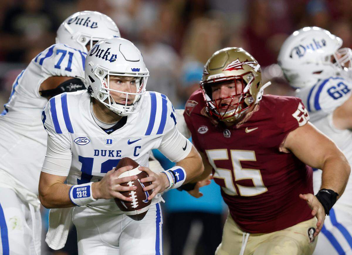 Duke’s Riley Leonard looks to pass during the first half of the Blue Devils’ game against Florida State on Saturday, Oct. 21, 2023, in Tallahassee, Fla.