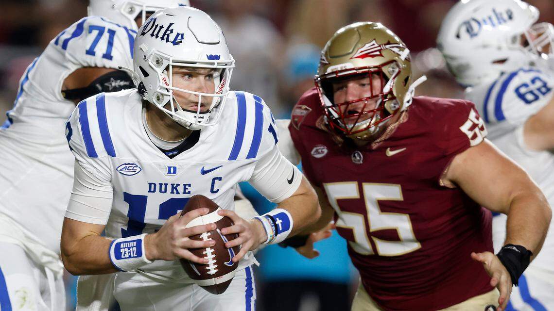 Duke’s Riley Leonard looks to pass during the first half of the Blue Devils’ game against Florida State on Saturday, Oct. 21, 2023, in Tallahassee, Fla.