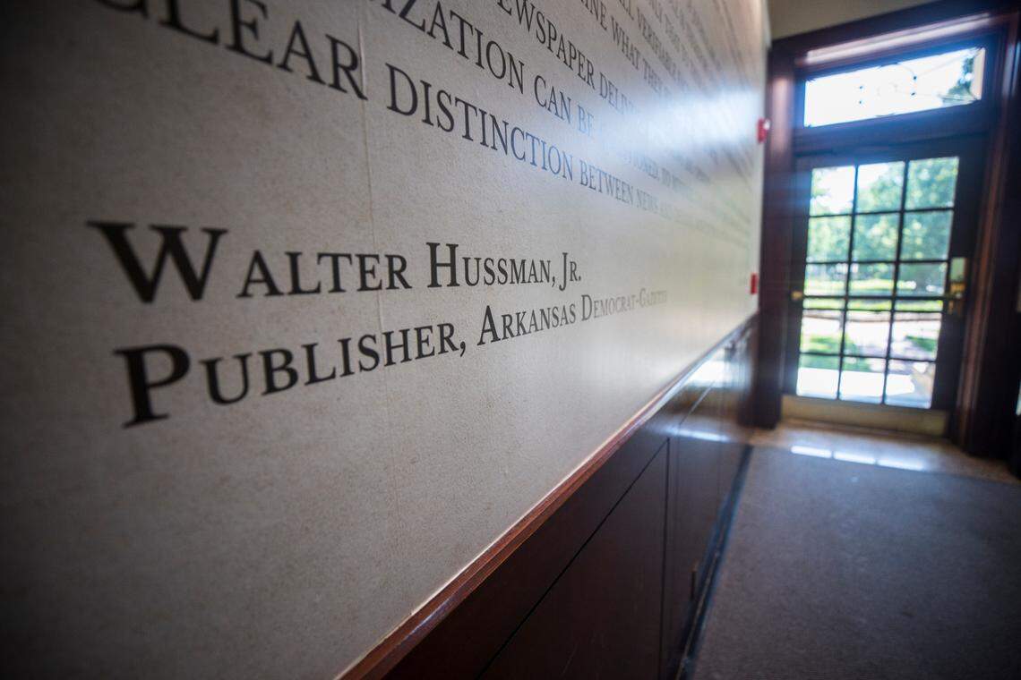 Walter Hussman Jr.’s name appears on a “statement of core values” that can be seen on the wall in the lobby of Carroll Hall in Chapel Hill, N.C., the building housing the Hussman School of Journalism and Media, pictured here on Wednesday, July 14, 2021.