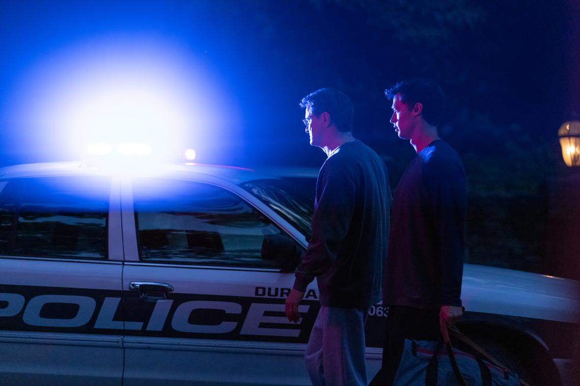 From the HBO limited series “The Staircase”: Colin Firth as Michael Peterson and Patrick Schwarzenegger as Todd Peterson.