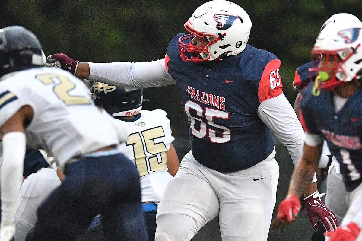 Jordan Offensive Lineman Noah Clark (65) during a play against Smithfield-Selma during the first half. The Durham Jordan Falcons and the Smithfield-Selma Spartans met in a football game in Durham, N.C. on September 13, 2024.