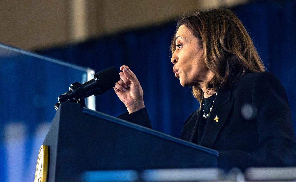 Vice President Kamala Harris speaks during a rally at Coastal Credit Union Music Park at Walnut Creek in Raleigh on Wednesday, Oct. 30, 2024.