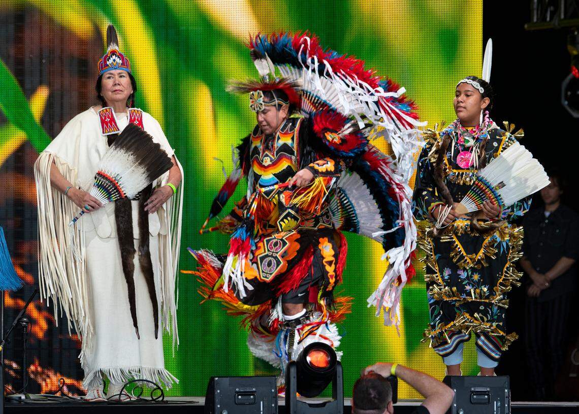 The Wisdom Indian Dancers help open the show at Farm Aid at Raleigh, N.C.’s Coastal Credit Union Music Park at Walnut Creek, Saturday, Sept. 24, 2022.
