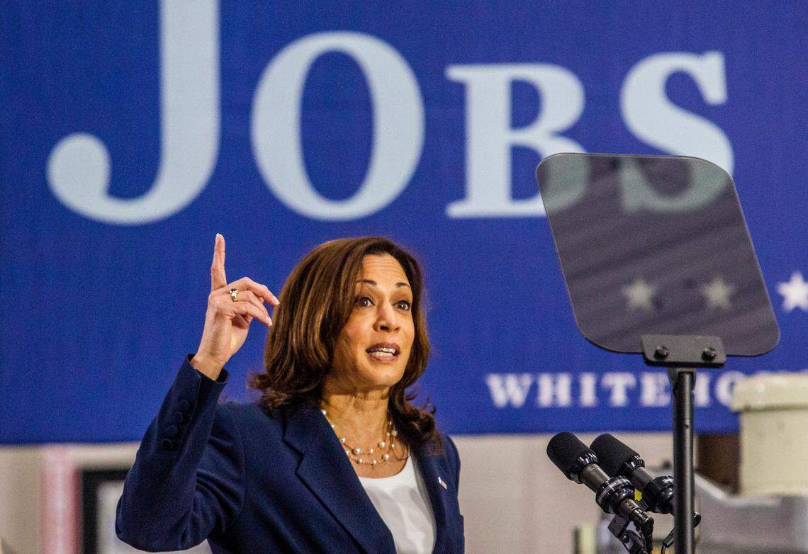 Vice President Kamala Harris pitches the Biden administration’s infrastructure plan Monday, April 19, 2021 at Guilford Technical Community College in Jamestown, NC.