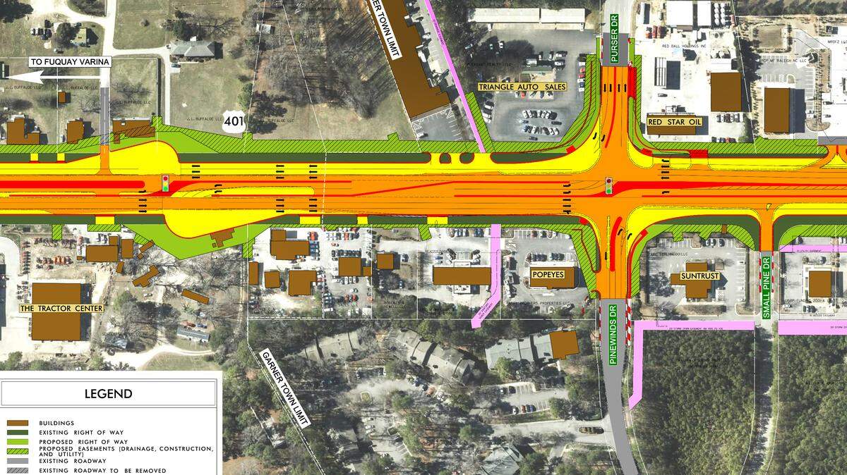 This map shows part of the N.C. Department of Transportation’s plans to widen a one-mile stretch of U.S. 401 in Garner to six lanes and redesign the road to reduce the number of left turns in and out of businesses and side streets.