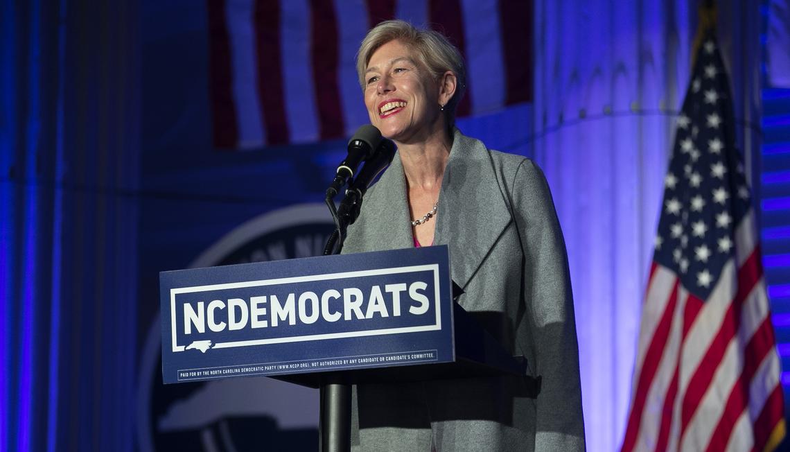 Democratic U.S. House of Representatives candidate Deborah Ross declares victory during an appearance at the North Carolina Democratic Party Headquarters on Tuesday, November 3, 2020 in Raleigh, N.C.