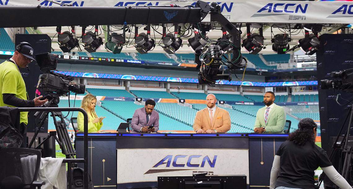 The ACC network show stage prior to the 2023 Orange Bowl between the Florida State Seminoles and the Georgia Bulldogs at Hard Rock Stadium.