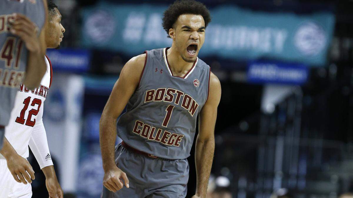 Boston College's Jerome Robinson (1) celebrates as timeout is called during the first half of N.C. State's game against Boston College in the second round the 2018 New York Life ACC Tournament at the Barclays Center in Brooklyn, N.Y., Wednesday, March 7, 2018.