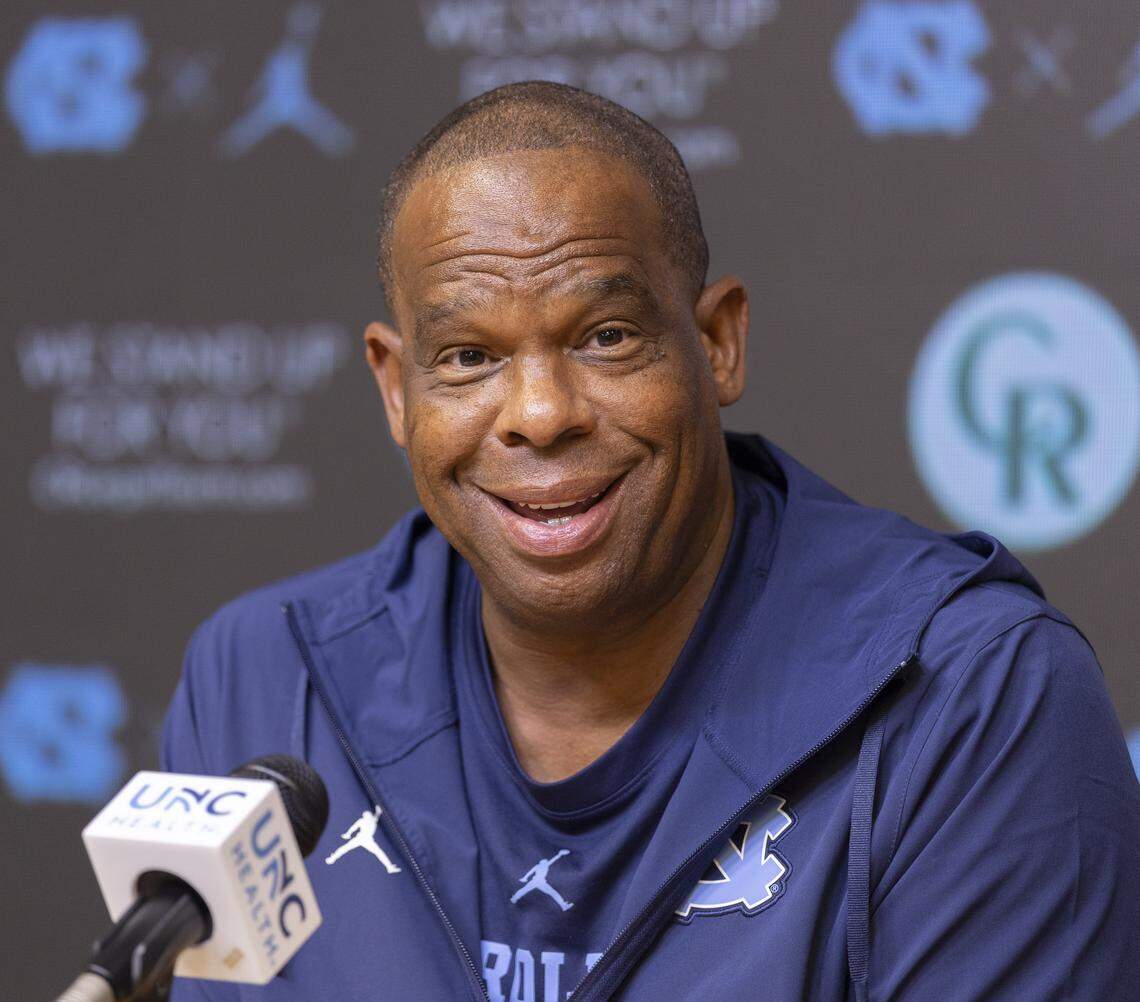 North Carolina coach Hubert Davis smiles as he talks about his roster during a press availability on Tuesday, September 2, 2025 in Chapel Hill, N.C.
