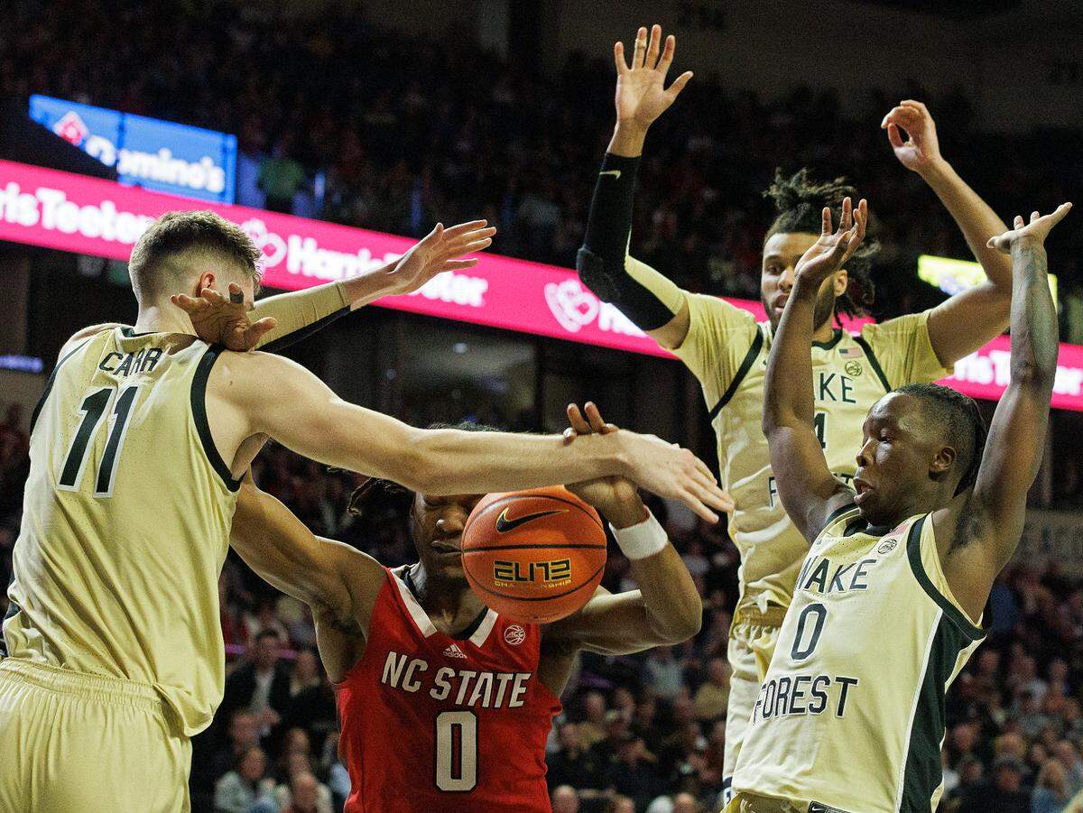 N.C. State’s DJ Horne drives to the basket during the second half of the Wolfpack’s 83-79 loss to Wake Forest on Saturday, Feb. 10, 2024, at Lawrence Joel Veterans Memorial Coliseum in Winston-Salem, N.C.