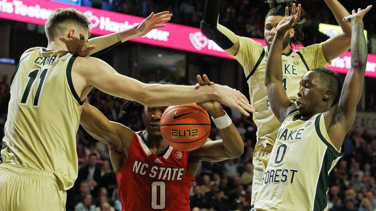 N.C. State’s DJ Horne drives to the basket during the second half of the Wolfpack’s 83-79 loss to Wake Forest on Saturday, Feb. 10, 2024, at Lawrence Joel Veterans Memorial Coliseum in Winston-Salem, N.C.