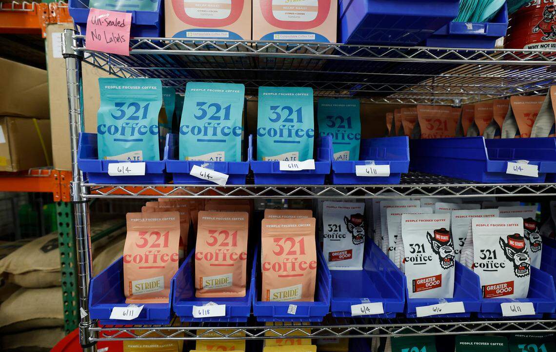 Recently bagged coffee is stacked at the 321 Coffee roasting facility in Raleigh, N.C., Tuesday, June 25, 2024.