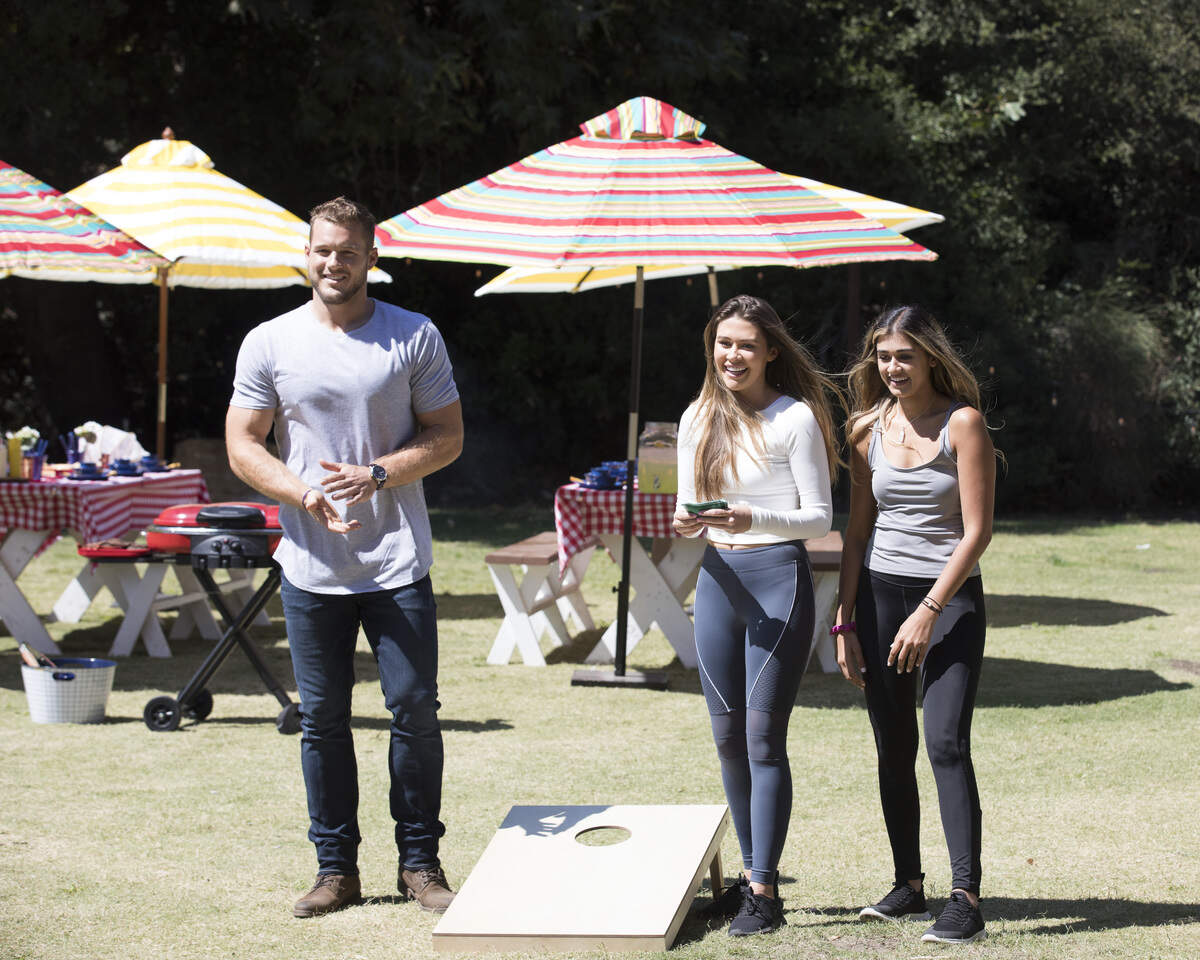 (L-R): Colton Underwood, Caelynn Miller-Keyes and Kirpa Sudick on the Jan. 14 episode of “The Bachelor” on ABC.