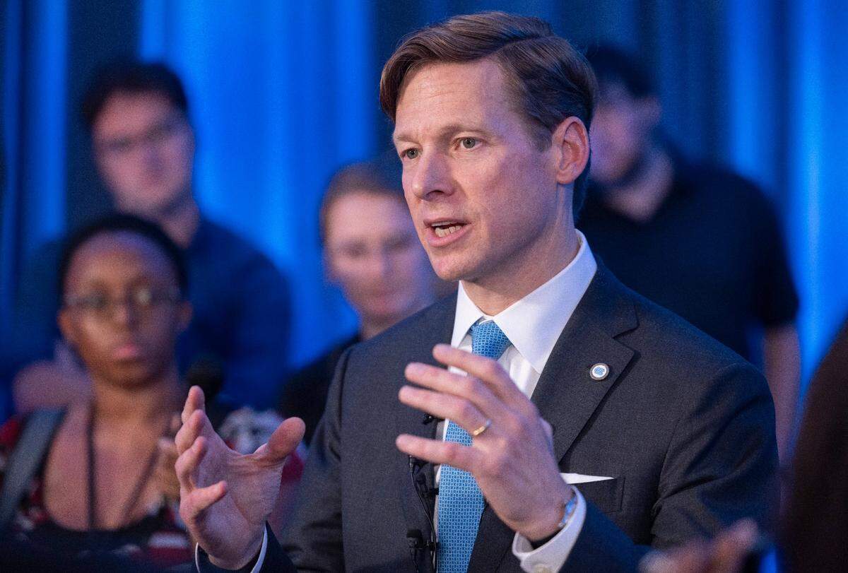 Lee Roberts, the newly named chancellor of the University of North Carolina, meets with reporters following his formal introduction on Friday, August 9, 2024 at the Kenan-Flagler Business School in Chapel Hill, N.C.