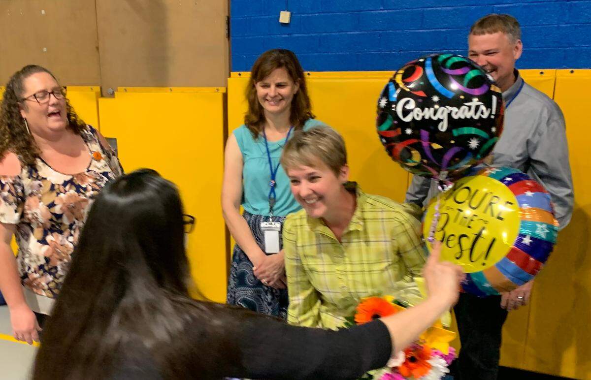 Shannon Floyd, a third-grade teacher at Grady A. Brown Elementary in Hillsborough, was announced as Orange County’s 2022-23 Teacher of the Year at a surprise ceremony at the school on May 2, 2022.