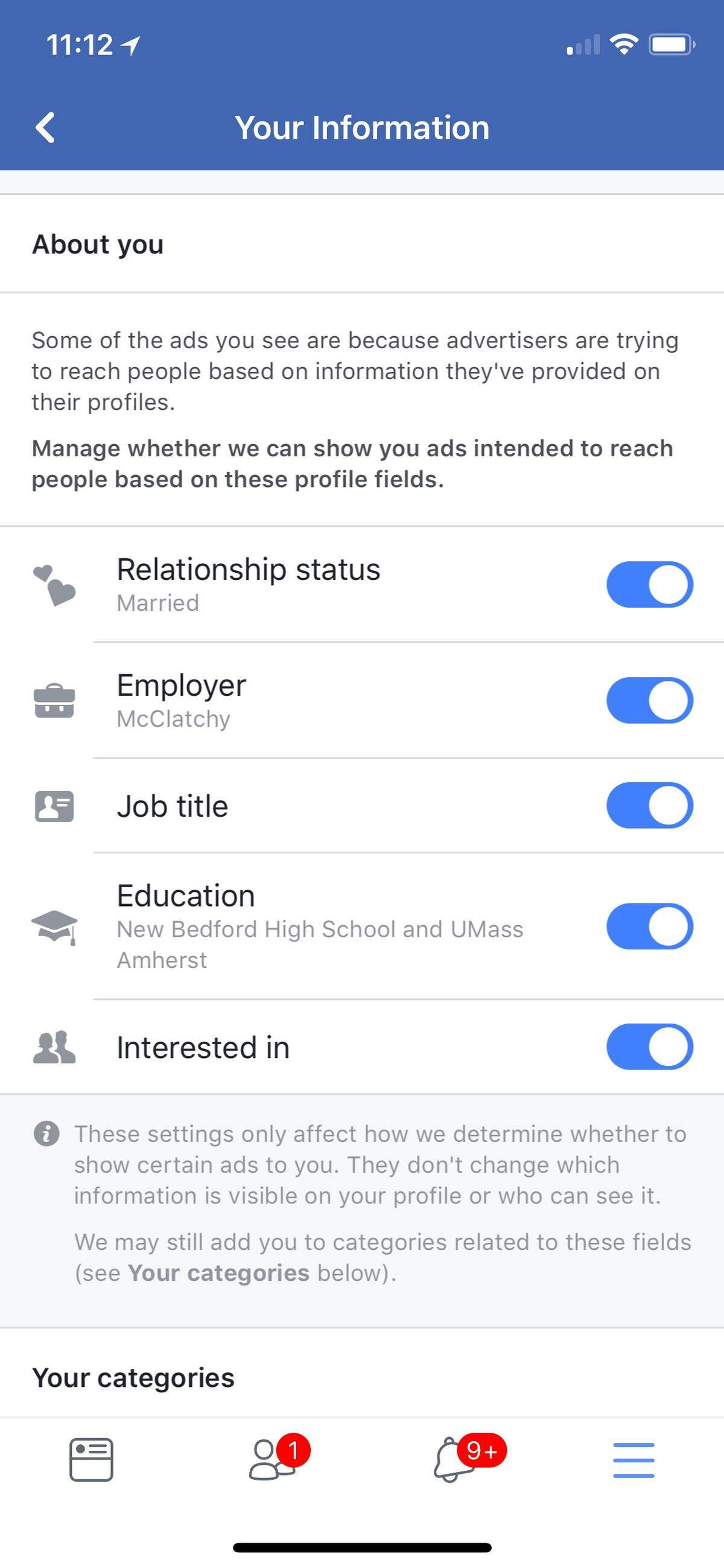 Under “Your Information,” you can see the profile information you’ve provided to Facebook, such as your relationship status, employer, education, etc. in the “About you” subsection.