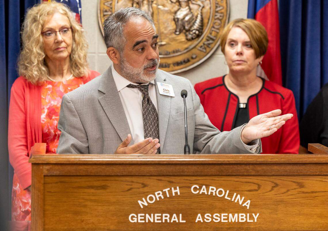 Chris Heagarty, Vice-Chair of the Wake County Board of Education, speaks during a press conference at the State Legislative Building on Monday, Aug 14, 2023. House Democrats, joined by school board members and parents, held news conferences across the state Monday to raise concerns about the lack of a state budget and GOP budget plans.