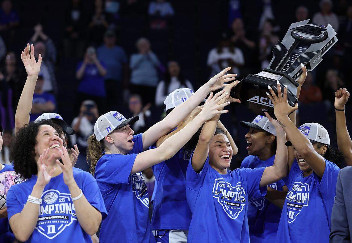 The Duke Blue Devils celebrate winning the Women's ACC Championship over the Louisville Cardinals at Gas South Arena on March 8, 2026 in Duluth, Georgia.
