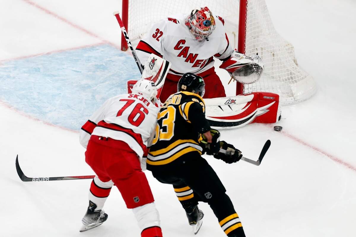 Carolina Hurricanes goalie Antti Raanta (32) blocks a shot by Boston Bruins’ Brad Marchand (63) as Hurricanes’ Brady Skjei (76) defends during the first period in Game 6 of an NHL hockey Stanley Cup first-round playoff series Thursday, May 12, 2022, in Boston.