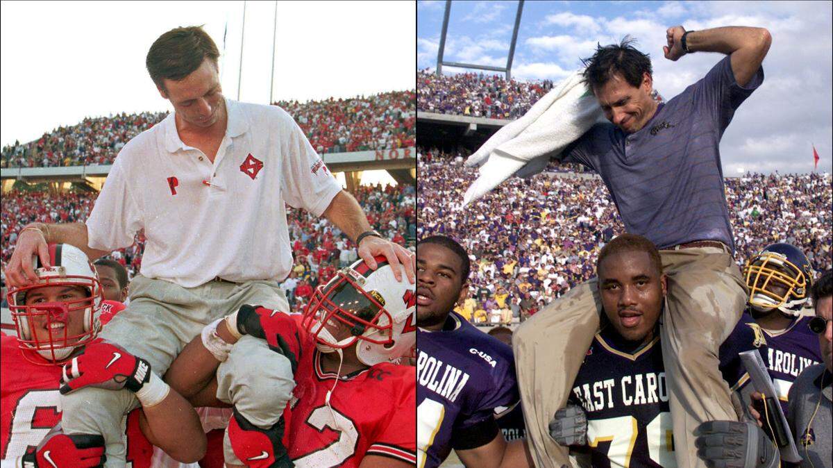 N.C. State head coach Mike O’Cain is carried off the field after being East Carolina in 1997, left, and ECU coach Steve Logan celebrates as he is carried off the field after defeating the Wolfpack in 1999.