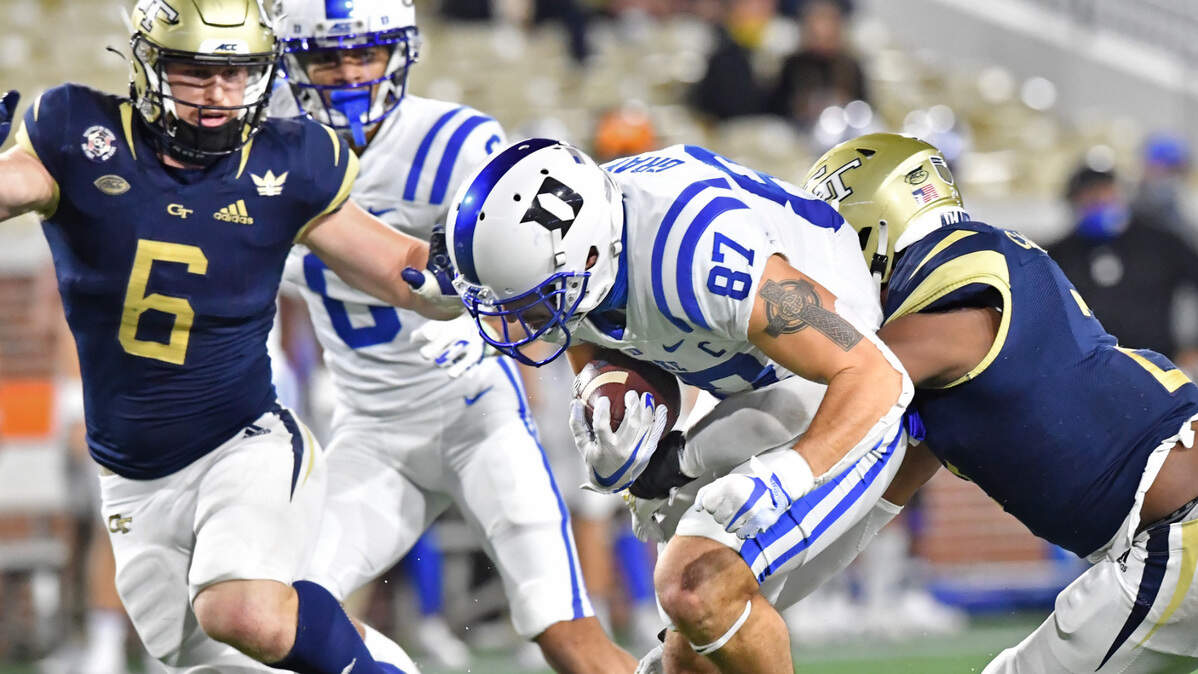 November 28, 2020 Atlanta - Duke’s tight end Noah Gray (87) gets tackled by Georgia Tech’s defensive back Tariq Carpenter (right) during the first half of an NCAA college football game at Georgia Tech’s Bobby Dodd Stadium in Atlanta on Saturday, November 28, 2020.