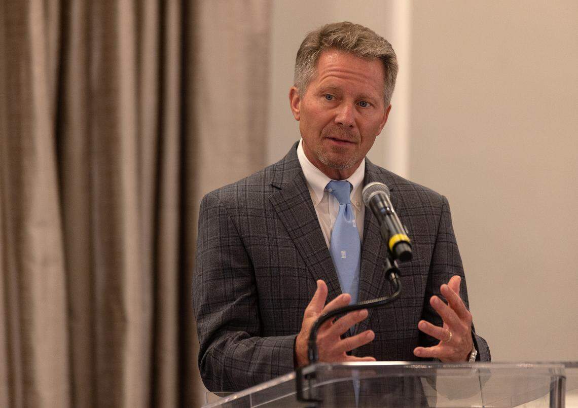 UNC-Chapel Hill Chancellor Kevin Guskiewicz speaks about Monday’s campus shooting during a press conference held at the Carolina Inn on Tuesday, Aug. 29, 2023, in Chapel Hill, N.C.