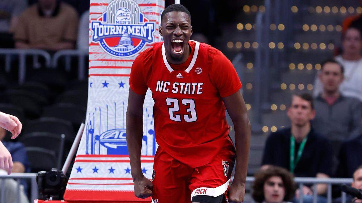 N.C. State’s Mohamed Diarra (23) celebrates after slamming in two during the first half of N.C. State’s game against Duke in the quarterfinal round of the 2024 ACC Men’s Basketball Tournament at Capital One Arena in Washington, D.C., Thursday, March 14, 2024.