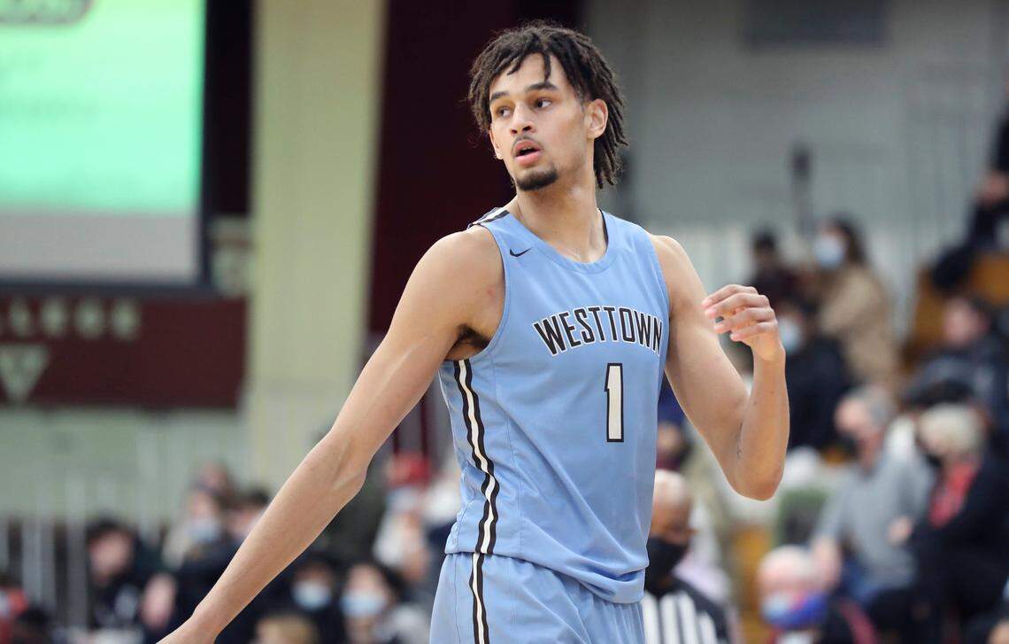 Westtown’s Dereck Lively (1) is seen against Gil St. Bernard during a high school basketball game at the Hoophall Classic, Sunday, January 16, 2022, in Springfield, MA.