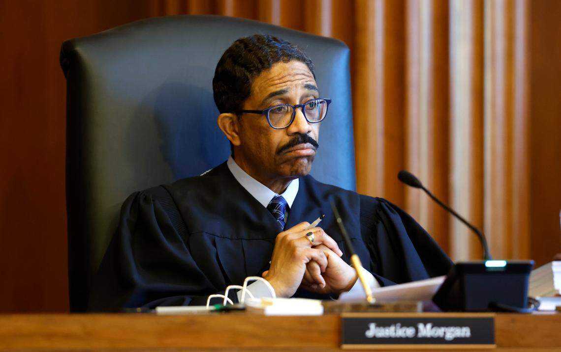 Associate Justice Michael Morgan listens during oral arguments at the Supreme Court of North Carolina in Raleigh, N.C., Monday, May 9, 2022.