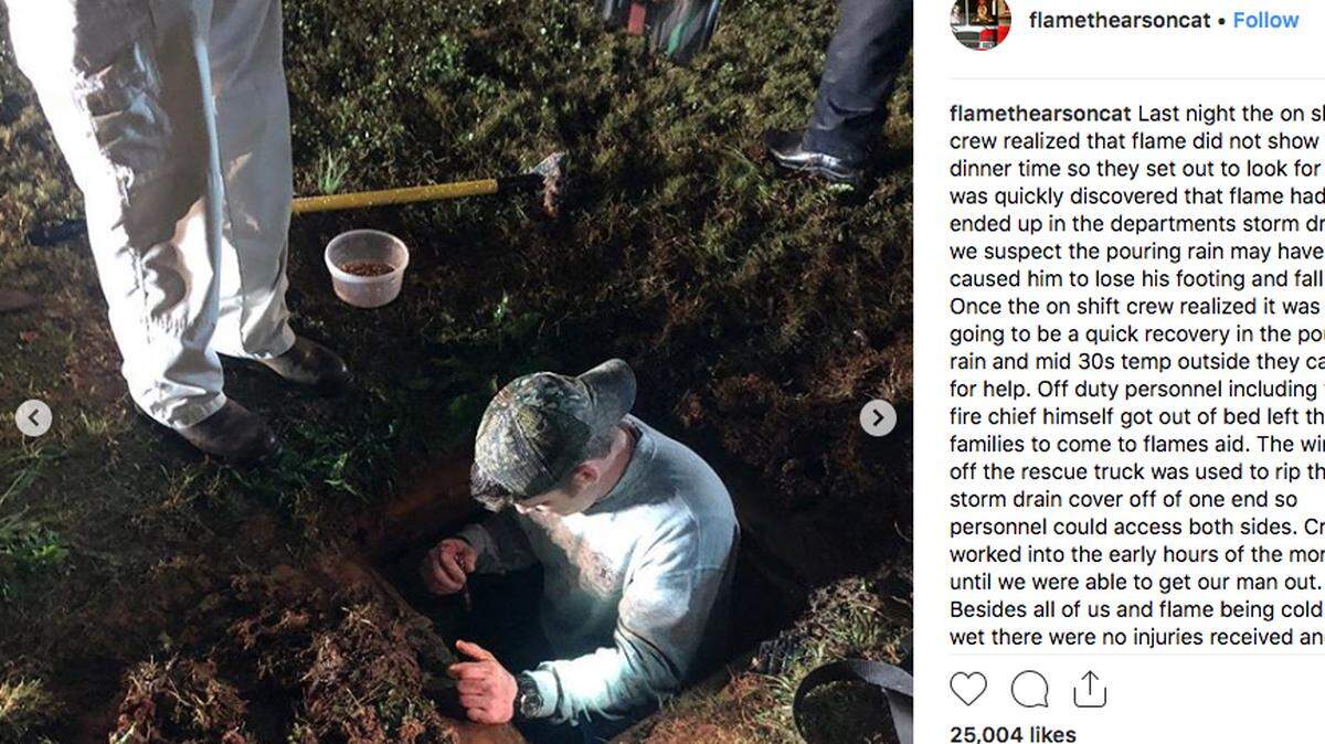 A screenshot of an Instagram post showing Belmont Fire Department responders rescuing their own station cat, Flame, from a storm drain.