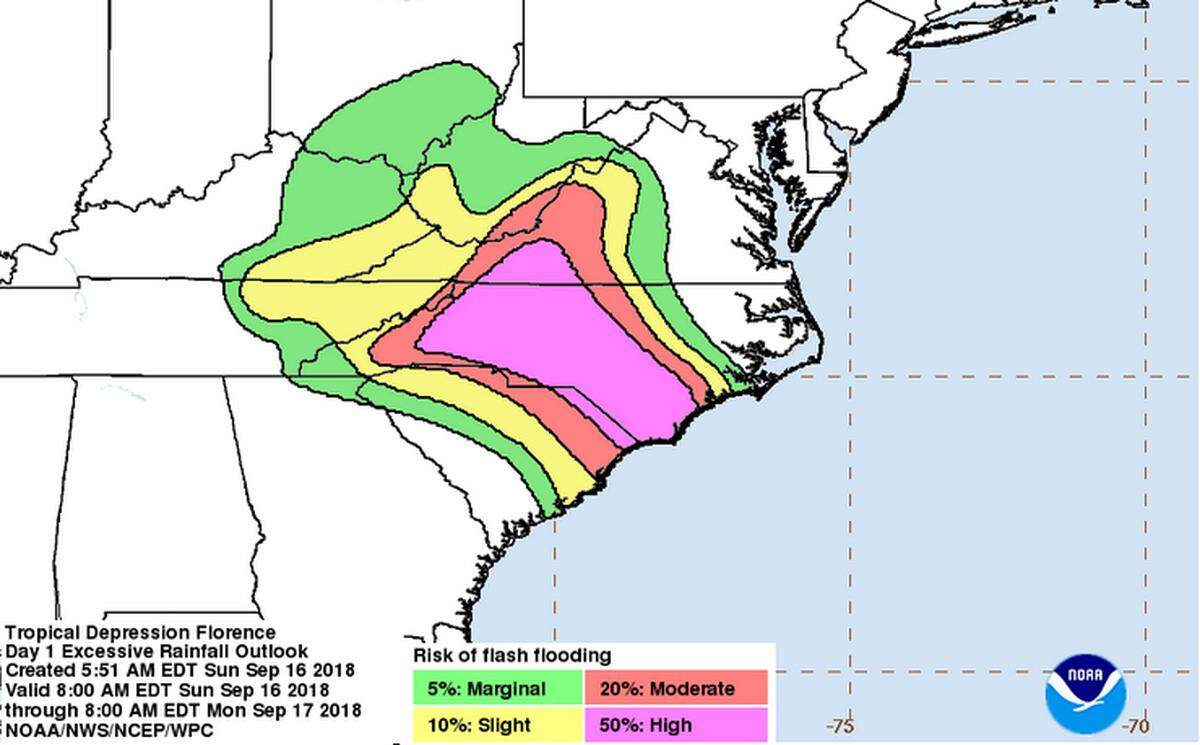A map of areas at risk of flash flooding for the 24 hours beginning 8 a.m. Sunday, Sept. 16, as Tropical Depression Florence continues to move west across the Carolinas.