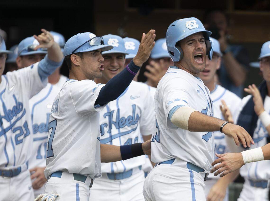 North Carolina’s Aaron Sabato (19) reacts after scoring on a single by Ike Freeman in the seventh inning to tie the score 4-4 against UNC-Wilmington during the NCAA Regional on Friday May 31, 2019 at Boshamer Stadium in Chapel Hill, N.C.