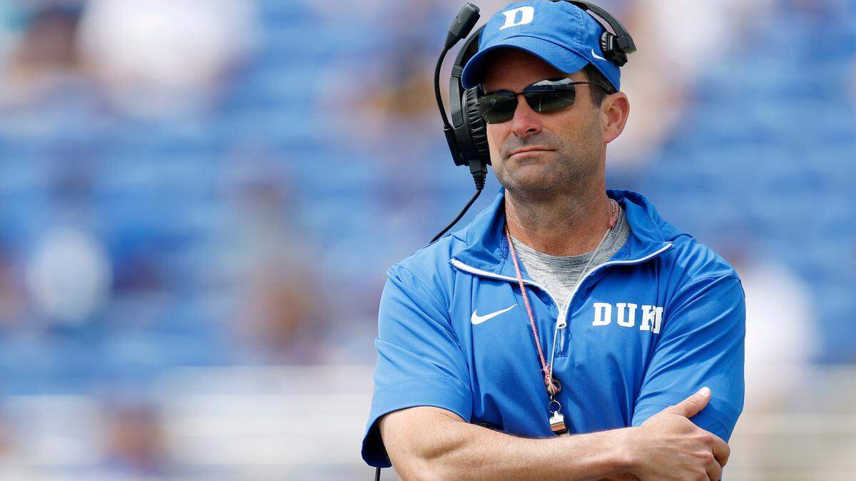 Duke head coach Manny Diaz watches the Blue & White Game on Saturday, April 19, 2025, at Wallace Wade Stadium in Durham, N.C. 