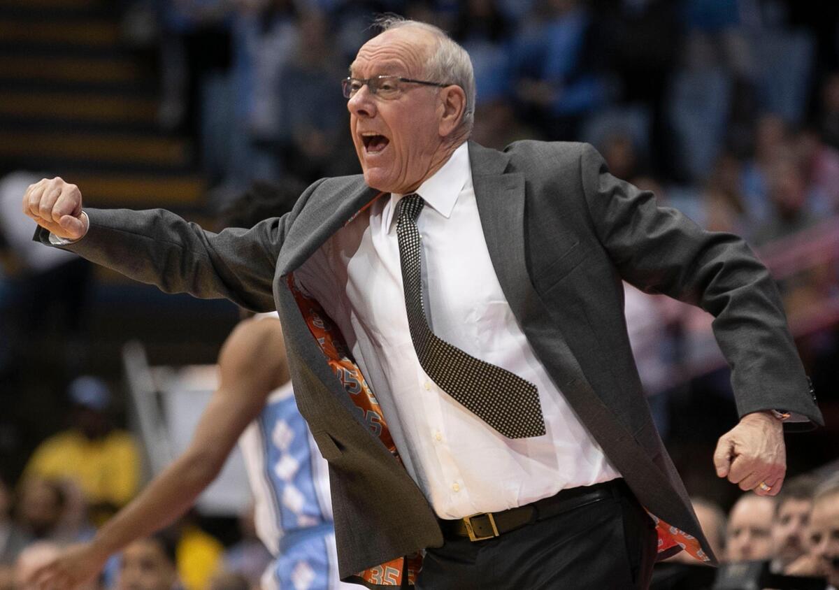 Syracuse coach Jim Boeheim reacts to a call against his team during the first half against North Carolina on Tuesday, February 26, 2019 at the Smith Center in Chapel Hill,