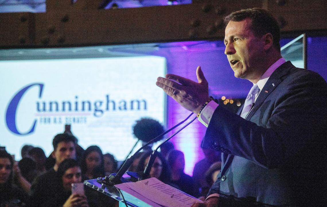 Democratic U.S. Senate candidate Cal Cunningham speaks during a North Carolina Democratic Party primary election watch party at Traine Raleigh Tuesday, March 3, 2020.