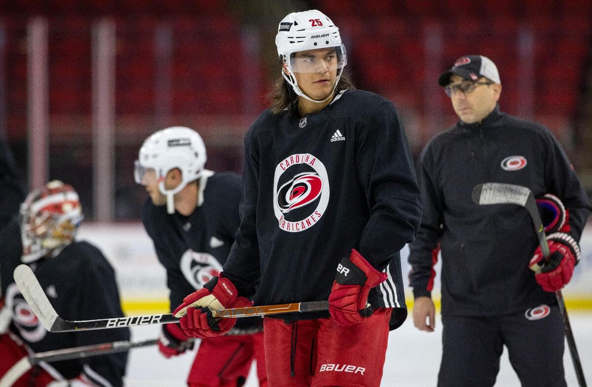 Carolina Hurricanes’ Ethan Bear (25) during the opening day of training camp on Thursday, September 23, 2021 at PNC Arena in Raleigh, N.C.