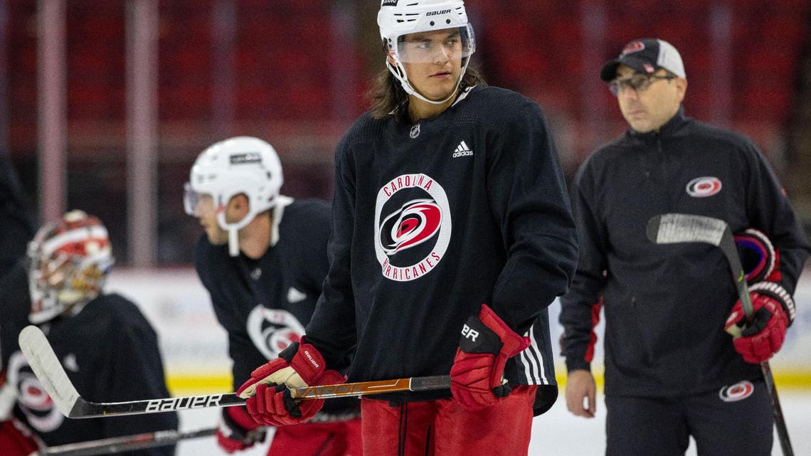 Carolina Hurricanes’ Ethan Bear (25) during the opening day of training camp on Thursday, September 23, 2021 at PNC Arena in Raleigh, N.C.