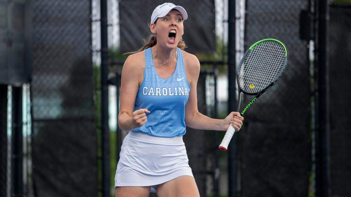 UNC’s Elizabeth Scotty celebrates a point as the Tar Heels defeated NC State to win the NCAA championship in Orlando, Floriday, Saturday May 20, 2023.