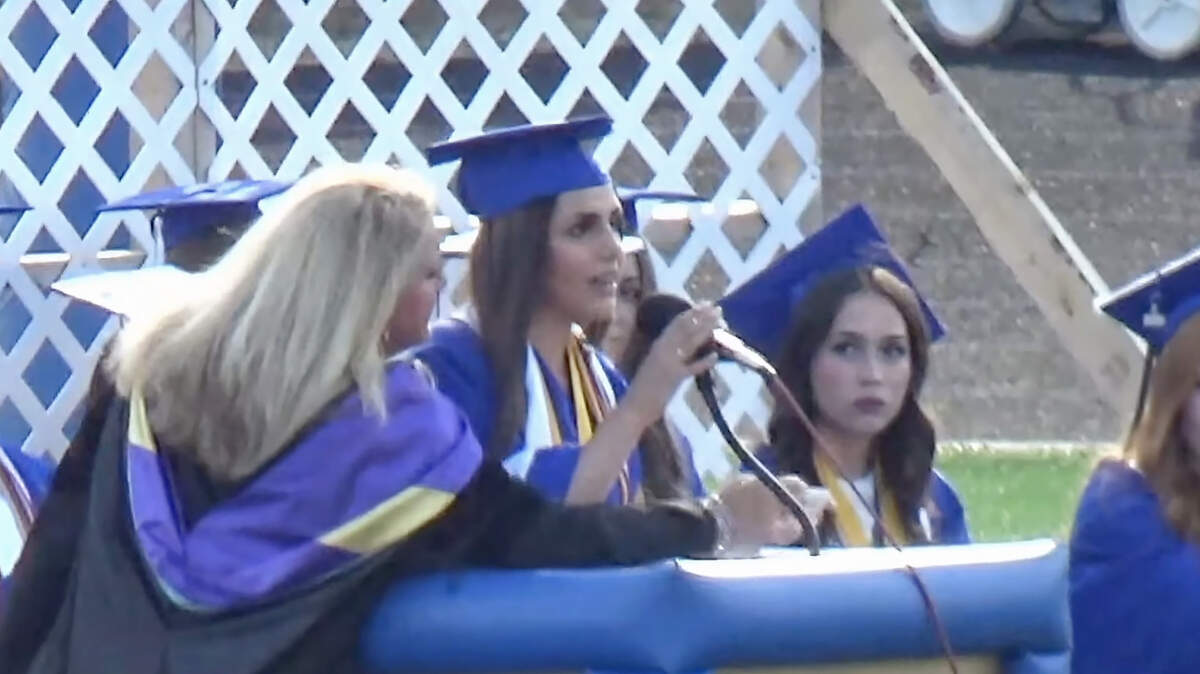 Clayton High School graduation speaker Leen Hijaz used the end of her speech to speak up for countries including Palestine and Afghanistan. Clayton principal Melissa Hubbard came up to the podium and stopped her from continuing.