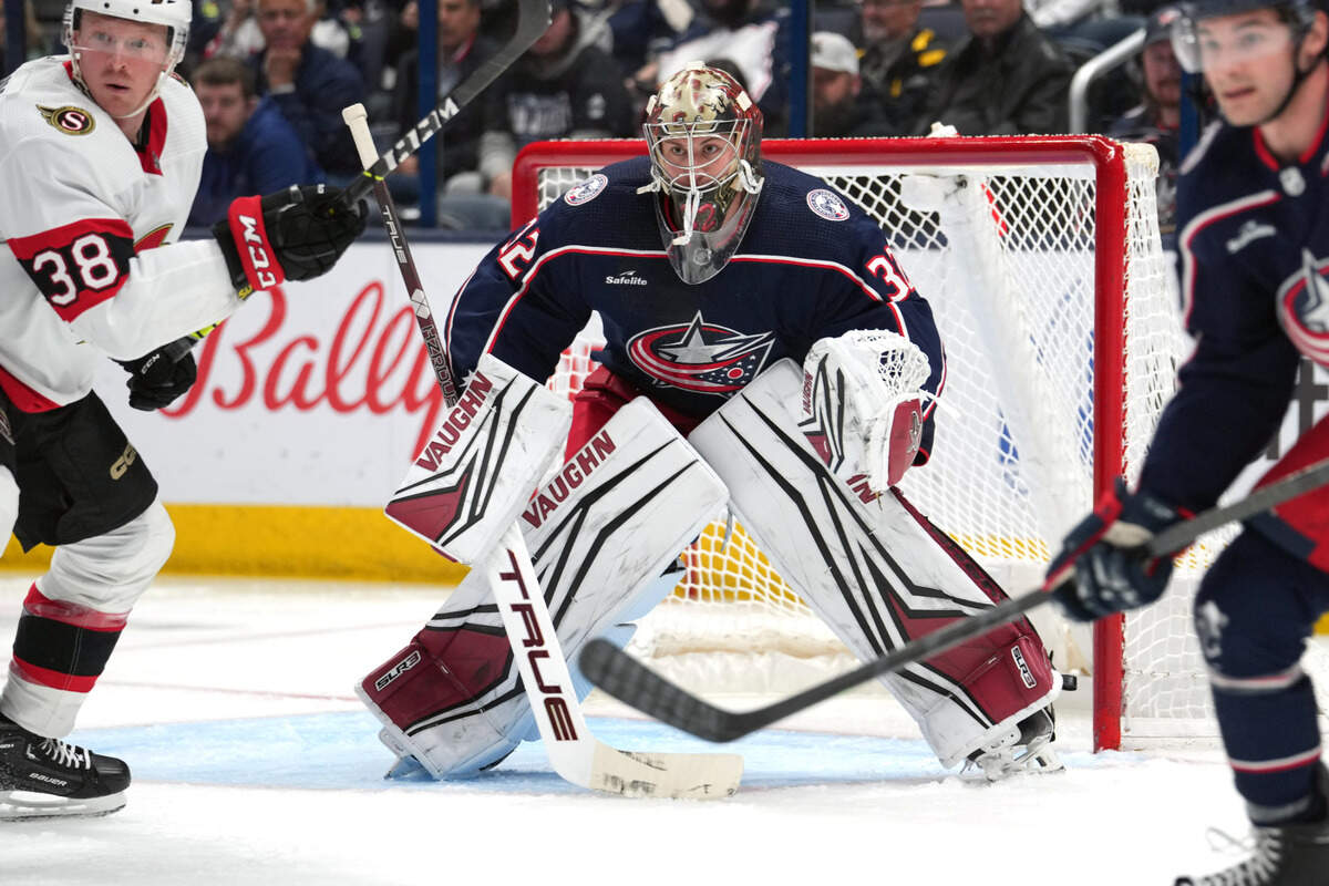 Apr 2, 2023; Columbus, Ohio, USA; Columbus Blue Jackets goaltender Jon Gillies (32) tends net during the second period against the Ottawa Senators at Nationwide Arena. Mandatory Credit: Jason Mowry-USA TODAY Sports