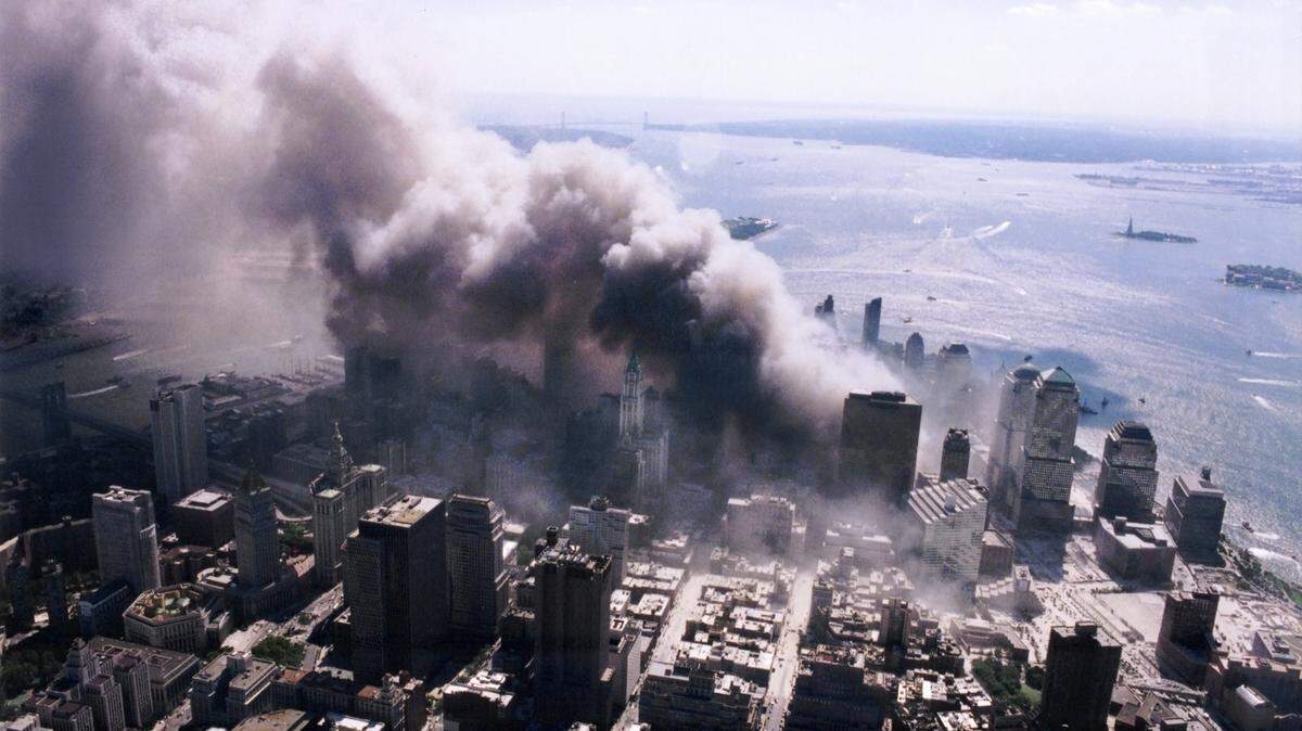 An aerial view of ground zero burning after the September 11 terrorist attacks, shown in the National Geographic Channel documentary series “9/11: One Day in America.”