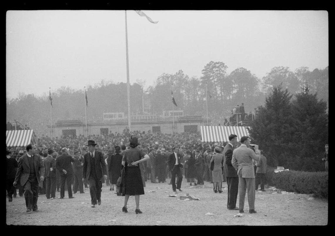 A capacity crowd heads into the stadium on the Duke campus for the sold-out Duke-Carolina game in Durham, NC in 1939.