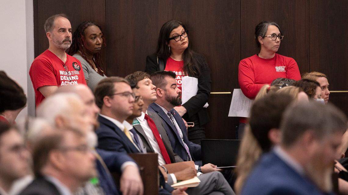 People listen as members of the House Judiciary II committee discuss House Bill 189, the “NC Constitutional Carry Act,” on Tuesday, May 2, 2023, in Raleigh, N.C.