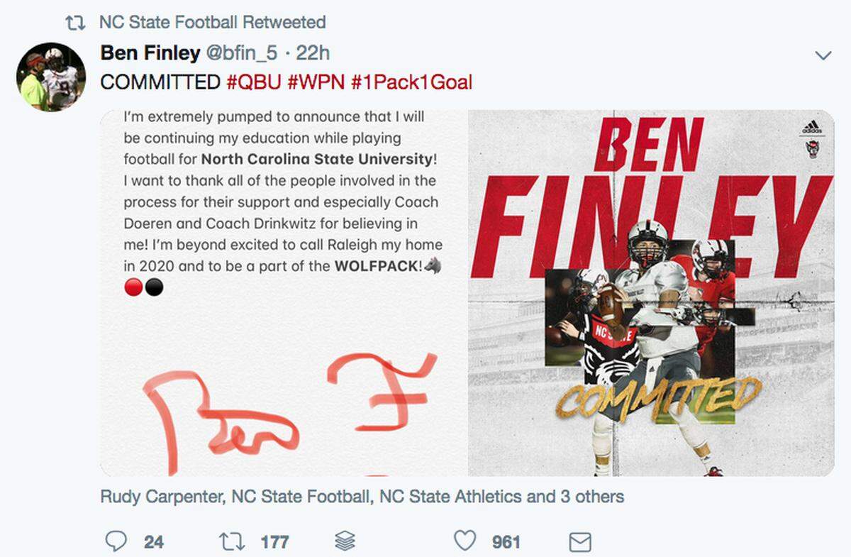 A screenshot of a tweet by Ben Finley announcing his commitment to play football at N.C. State University.