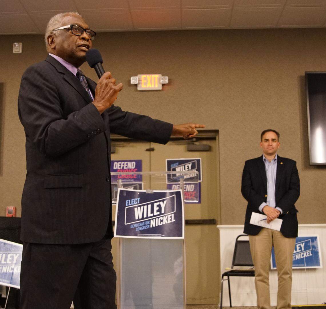 U.S. House Majority Whip Jim Clyburn speaks at a campaign event on Wednesday, Oct. 19, 2022 in Smithfield, N.C. in support of Wiley Nickel, a Democrat running for Congress from the 13th district.