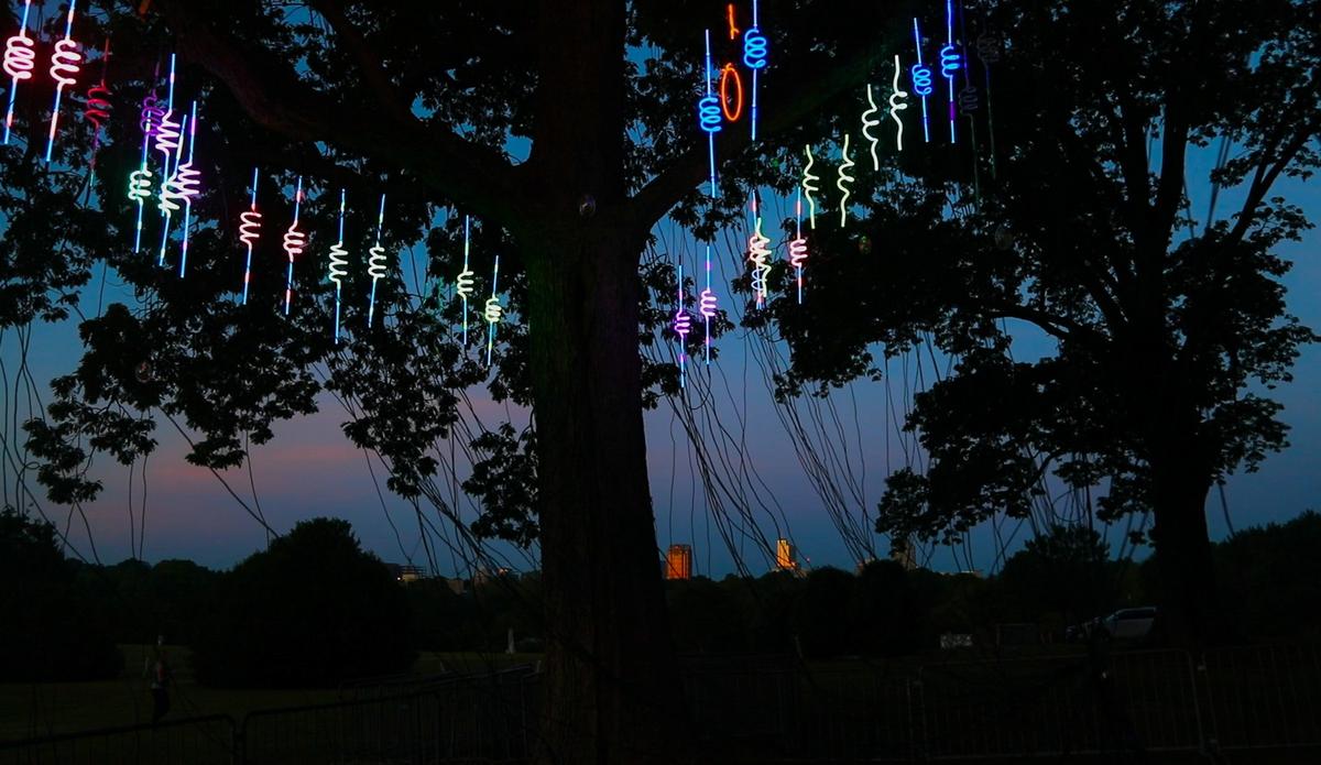 Nate Sheaffer s "Light the Woods with Sound" installation piece contains nearly 400 neon lights suspended in trees and controlled by sound.