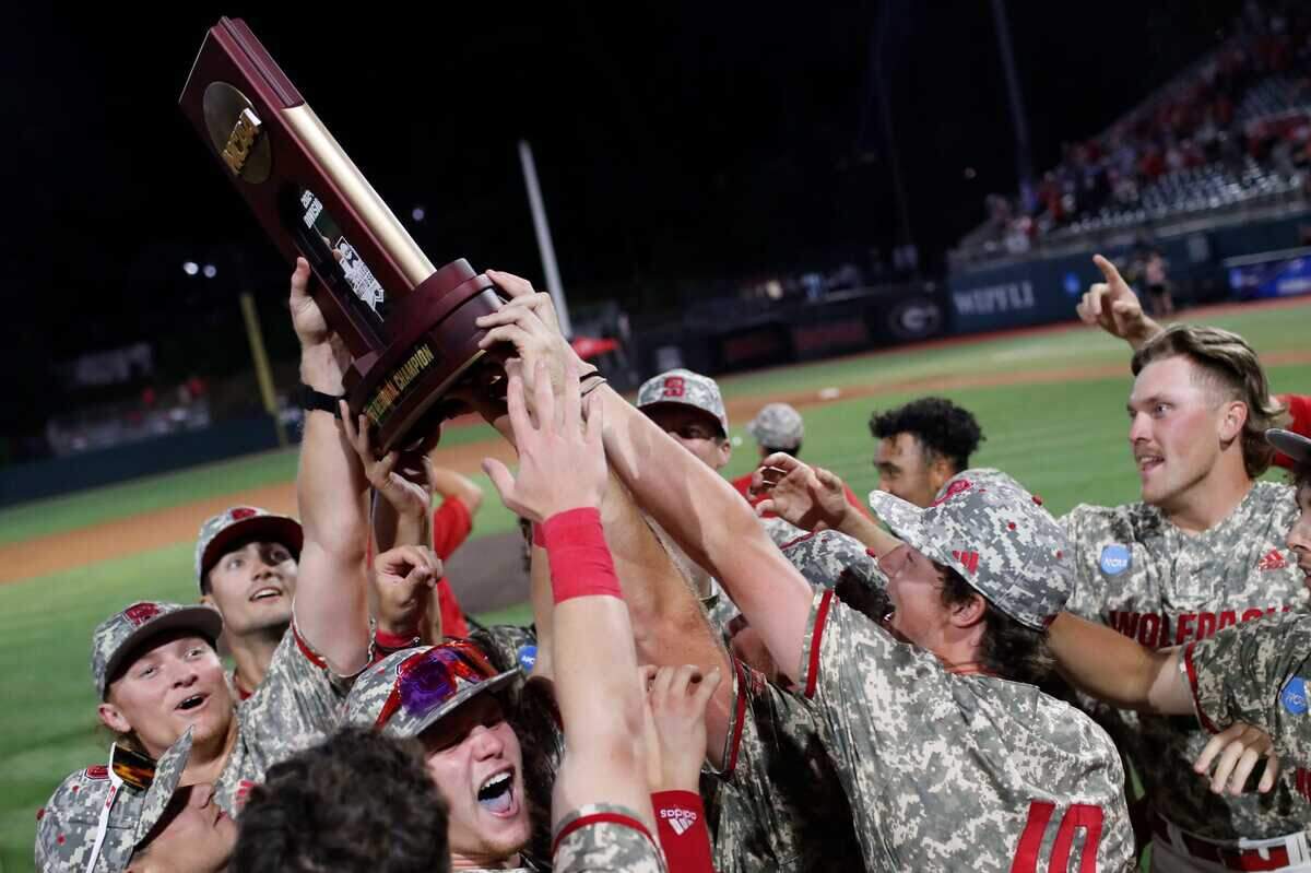 NC State celebrates after winning Game 3 of the Super NCAA Regional against Georgia at Foley Field on Monday, June 10, 2024 in Athens, Ga. NC State won 8-5.