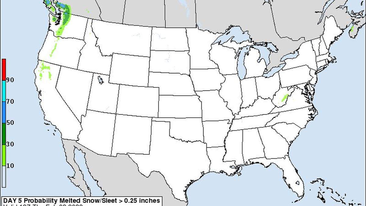 “This is the most recent map showing the chance of 0.25” liquid equivalent of snow/sleet for Thurs and Thurs night - just a little across WV. At this point, it appears that it will be too warm for us to see anything other than rain, although we can’t rule out a snowflake or two,” a Jan. 29 tweet from the Raleigh National Weather Service office with this photo said.